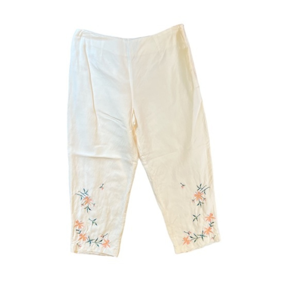 Mercer & Madison Women's Cream Cropped Floral Embroidered Linen Pants Size 10